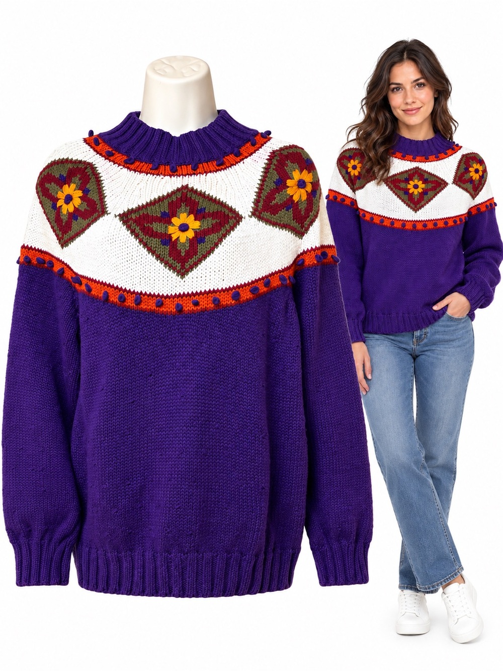 Vintage Van Heusen For Her Grandmacore Embroidered Floral Sweater Purple L